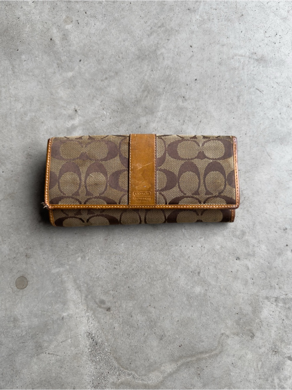 Vintage Coach Signature Jacquard Wallet Khaki Brown Leather Y2K